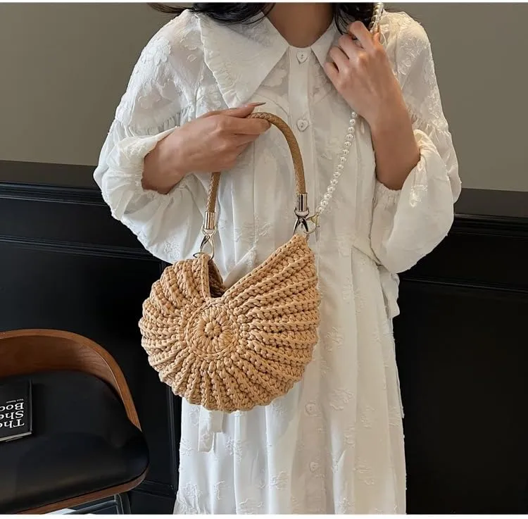Handwoven Seashell Bag Crochet Shell Purse Summer Beach Tote Bag Pearl Clutch Purse Cute Conch Shoulder Handbag