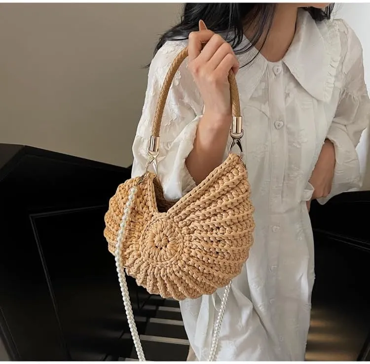Handwoven Seashell Bag Crochet Shell Purse Summer Beach Tote Bag Pearl Clutch Purse Cute Conch Shoulder Handbag