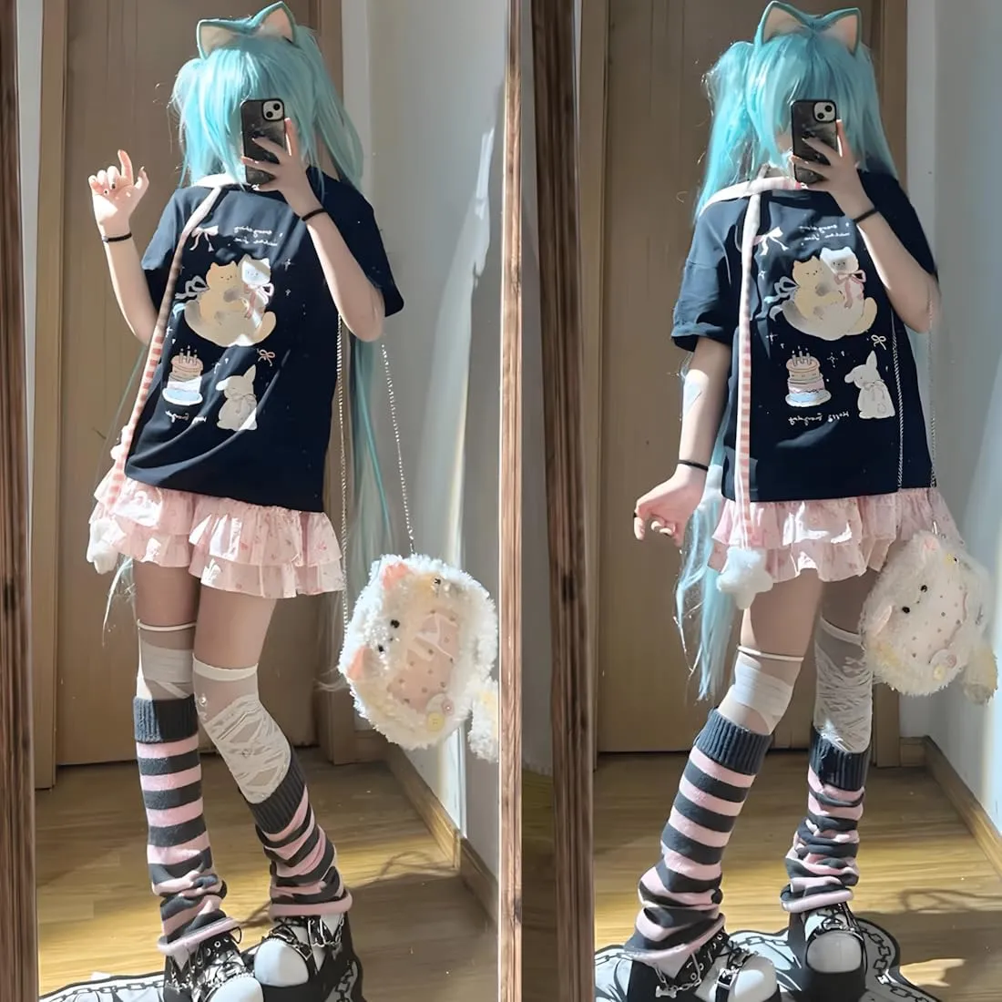 Harajuku Kawaii Gothic Clothes Casual Style Loose Soft Crewneck Cute Cartoon Cats with Bows Print T-Shirt