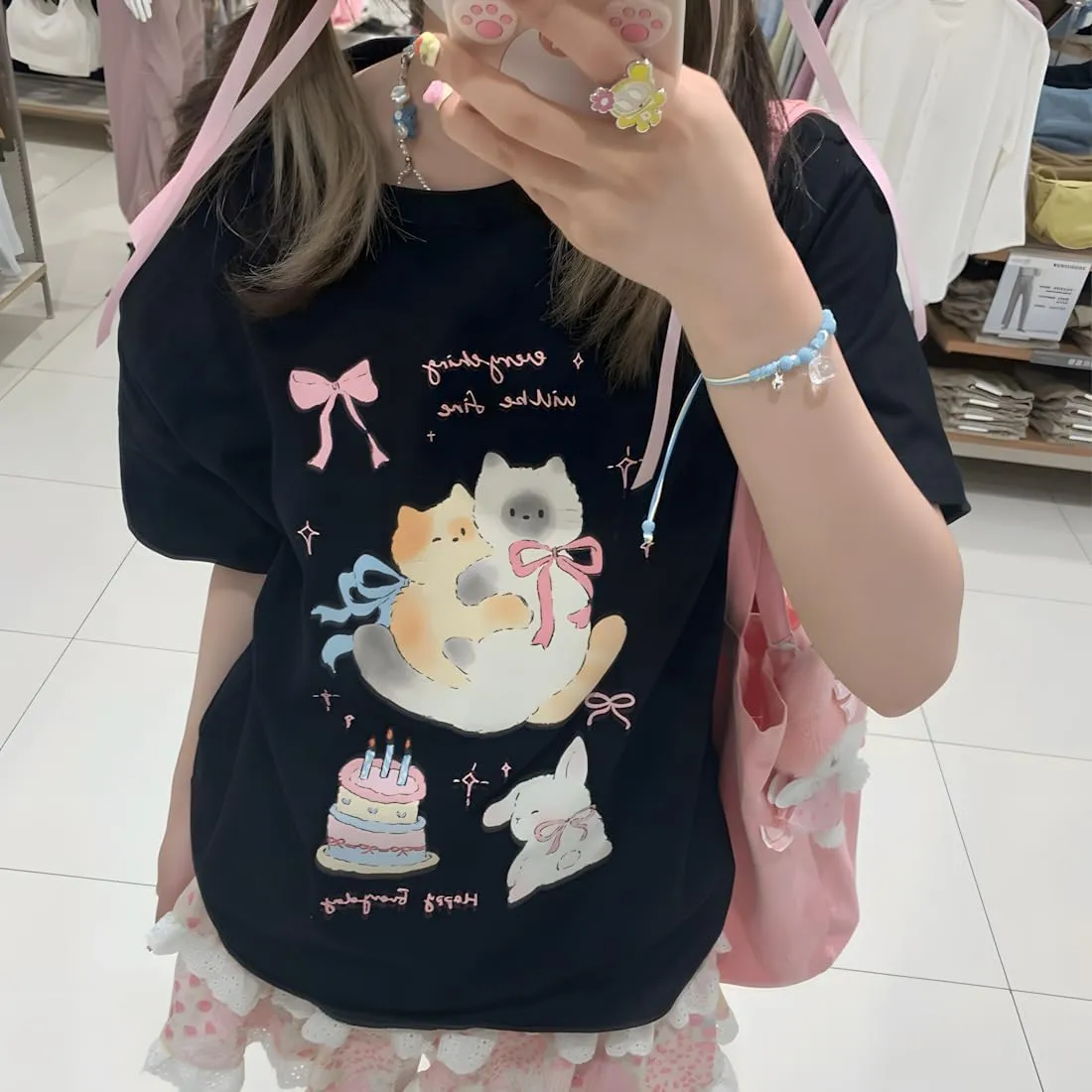 Harajuku Kawaii Gothic Clothes Casual Style Loose Soft Crewneck Cute Cartoon Cats with Bows Print T-Shirt