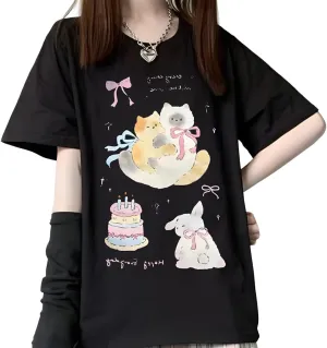 Harajuku Kawaii Gothic Clothes Casual Style Loose Soft Crewneck Cute Cartoon Cats with Bows Print T-Shirt