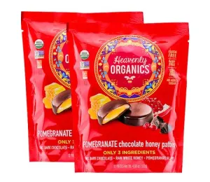 Heavenly Organics Pomegranate Chocolate Honey Patties 2 Bags- 12 Single/Bag -4.66oz (132g) , Made with 100% Organic Cacao and 100% Organic Raw White Honey, Non-GMO, Fair Trade, Kosher, Dairy & Gluten Free, No Sugar Added