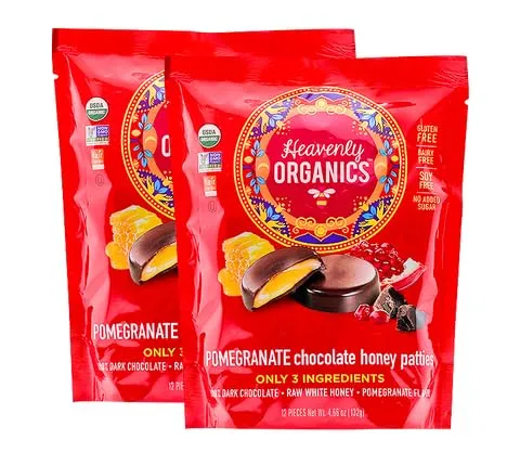 Heavenly Organics Pomegranate Chocolate Honey Patties 2 Bags- 12 Single/Bag -4.66oz (132g) , Made with 100% Organic Cacao and 100% Organic Raw White Honey, Non-GMO, Fair Trade, Kosher, Dairy & Gluten Free, No Sugar Added