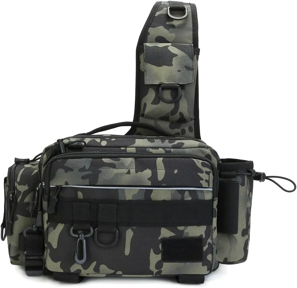 Hebetag Sling Fishing Tackle Bag for Men Women Single Shoulder Crossbody Pouch Waist Pack Fish Lures Gear Utility Storage Fishing Bag (Camouflage)