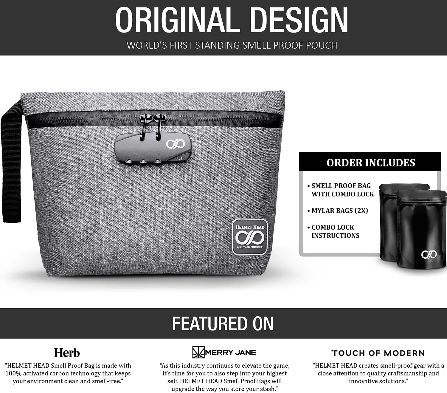 HELMET HEAD Smell Proof Bag with Lock, Odor Proof Bags for Herbs & Tools, Extra Bags Included (Gray)
