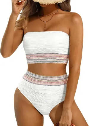 High Waisted Bandeau Bikini Set - Women Strapless Two Piece Swimsuits Ribbed Longline Full Coverage Bathing Suits Swimwear