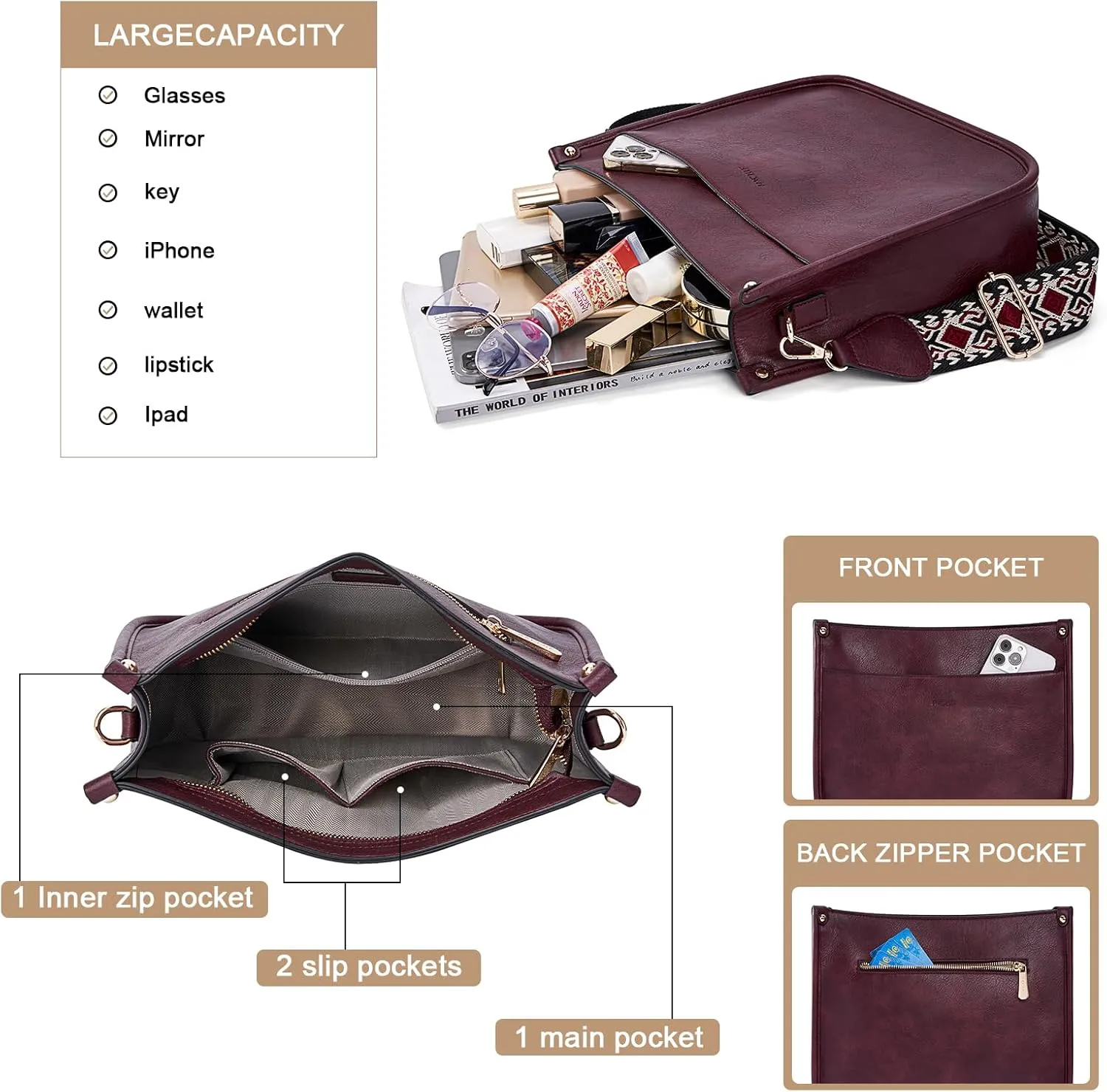 HKCLUF Vegan Leather Crossbody Bags Purse for Women Trendy Tassel Hobo Handbag Women With 2PCS Adjustable Guitar Strap
