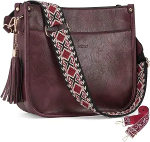 HKCLUF Vegan Leather Crossbody Bags Purse for Women Trendy Tassel Hobo Handbag Women With 2PCS Adjustable Guitar Strap