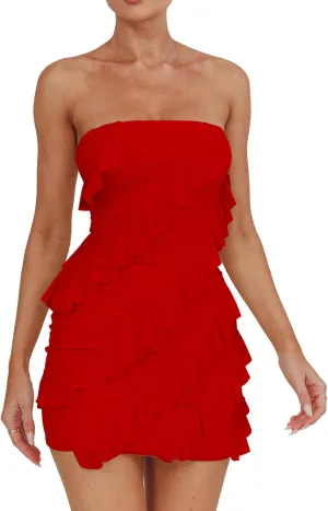 HOCILLE Women's Sexy Strapless Tube Top Bodycon Sleeveless Ruffle Mini Party Dress