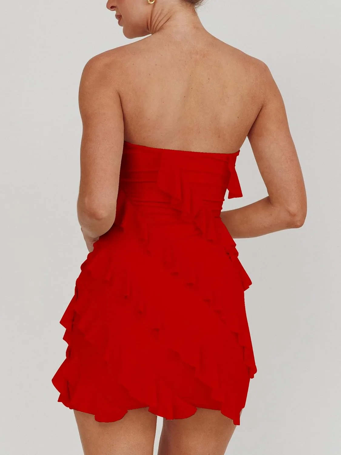 HOCILLE Women's Sexy Strapless Tube Top Bodycon Sleeveless Ruffle Mini Party Dress