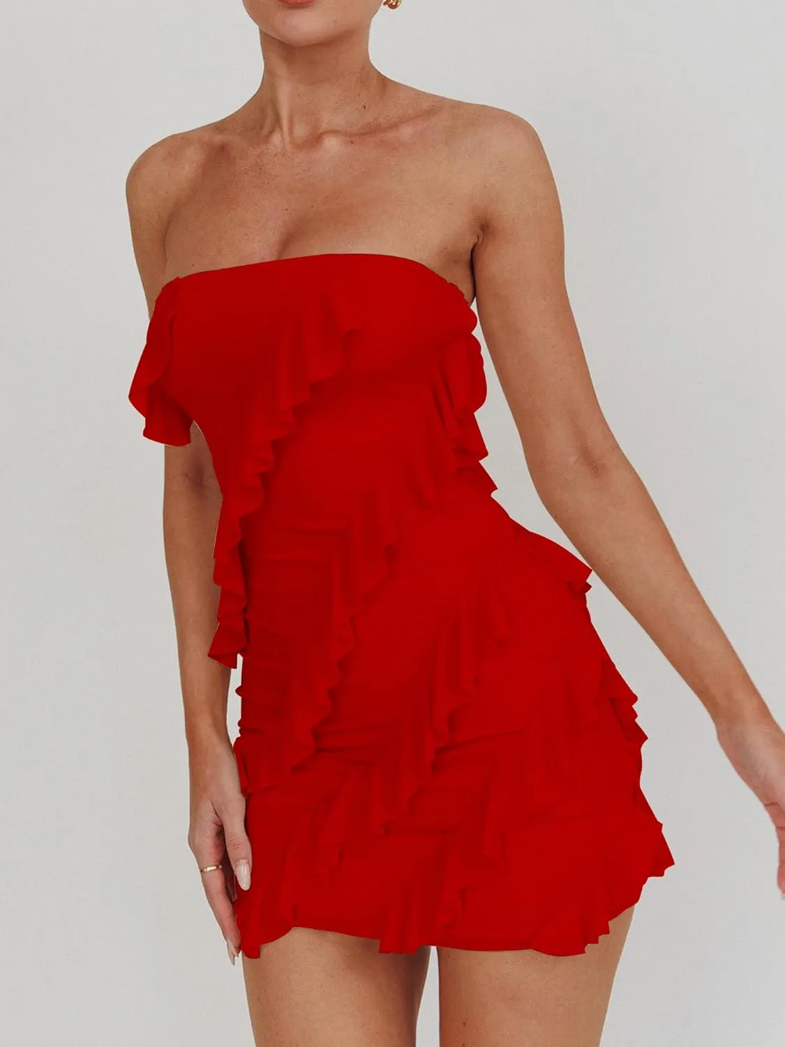 HOCILLE Women's Sexy Strapless Tube Top Bodycon Sleeveless Ruffle Mini Party Dress