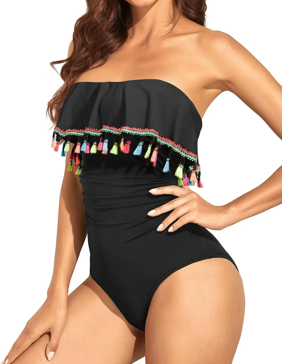 Holipick Strapless One Piece Swimsuits for Women Tummy Control Bandeau Bathing Suits Ruffle Slimming Swimwear