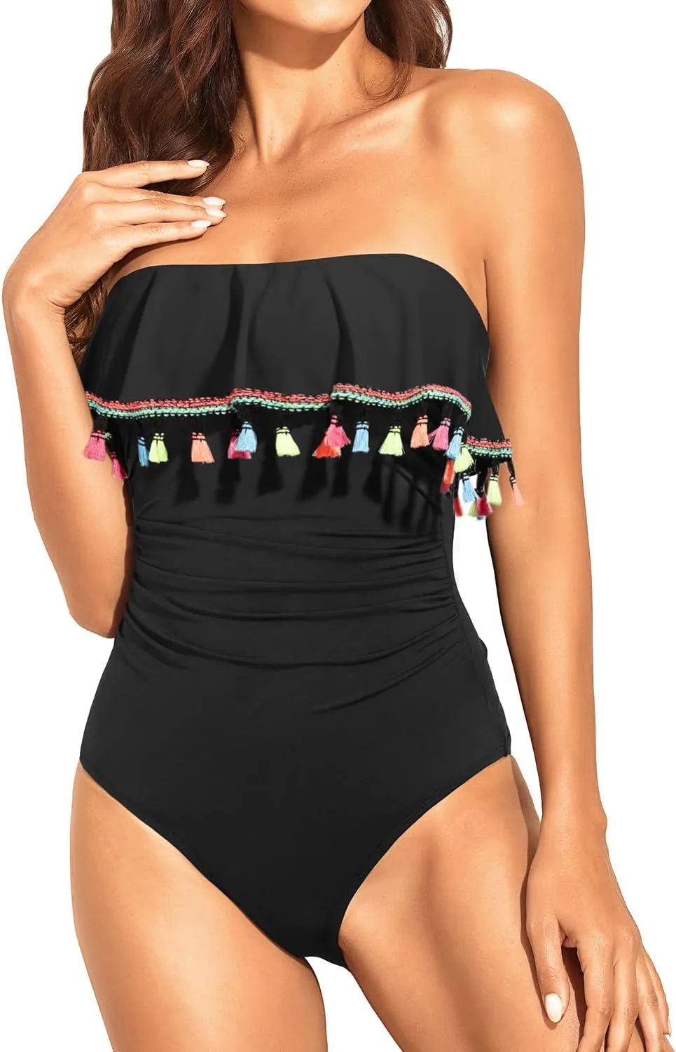 Holipick Strapless One Piece Swimsuits for Women Tummy Control Bandeau Bathing Suits Ruffle Slimming Swimwear