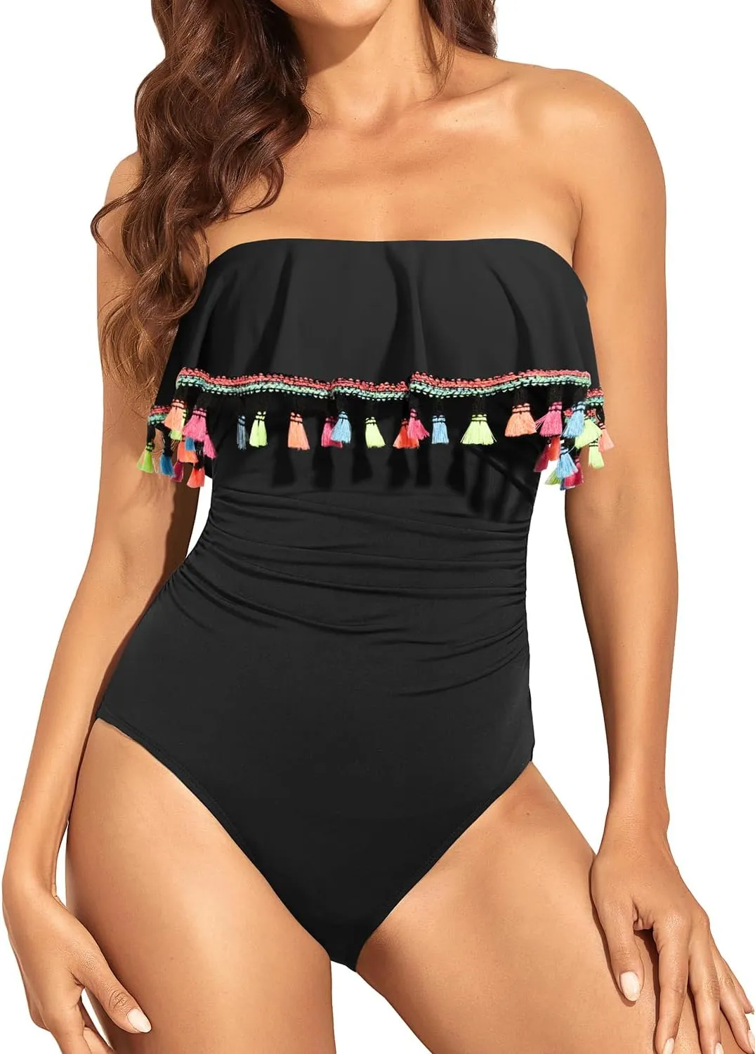 Holipick Strapless One Piece Swimsuits for Women Tummy Control Bandeau Bathing Suits Ruffle Slimming Swimwear