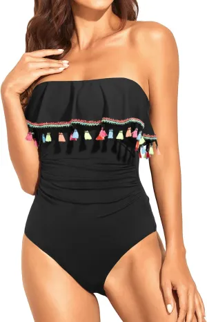 Holipick Strapless One Piece Swimsuits for Women Tummy Control Bandeau Bathing Suits Ruffle Slimming Swimwear