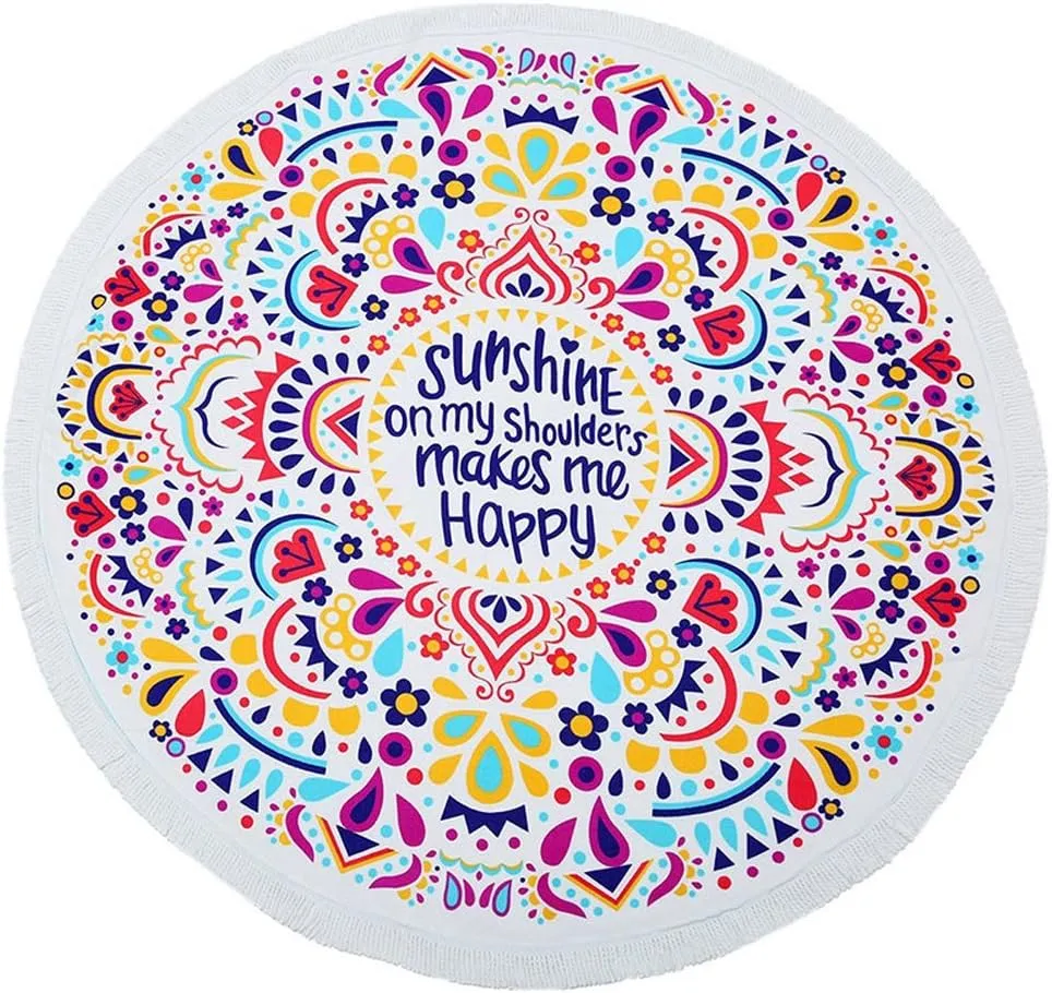 HOLY HOME Hiking & Camping Blanket Beach Towel Yoga & Picnic Mat Tablecloth Shawl & Wrap-Dress for Ladies Multipurpose 60" Round Tassel Travel Trip Throw‘Sunshine on My Shoulder Makes me Happy’