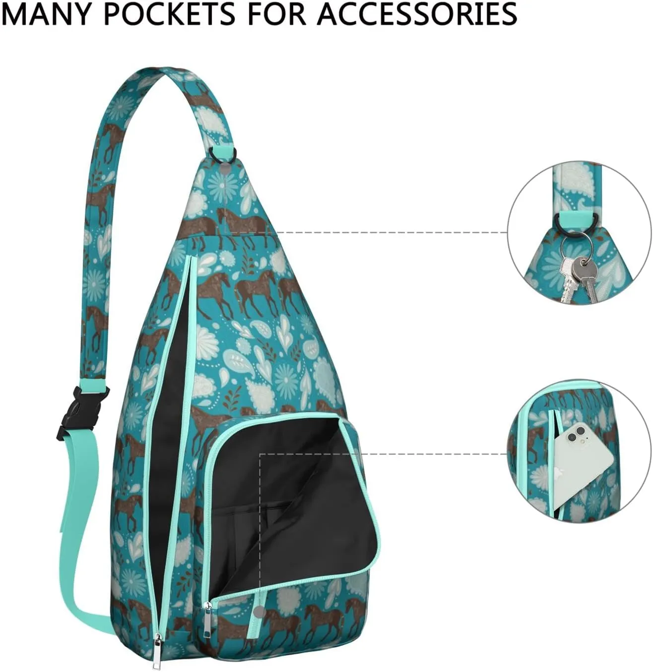 Horse Flower Leaves Crossbody Bag Daypack for Women Men Lightweight Waterproof Sling Bag Backpack Hiking Cycling