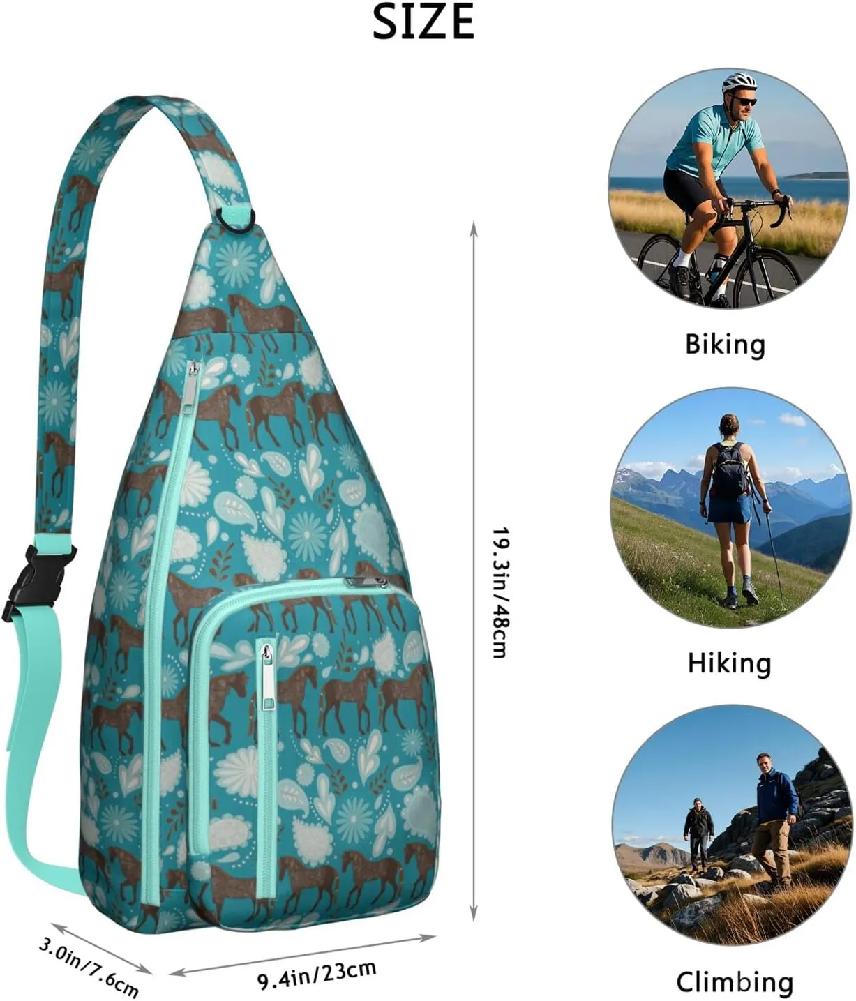 Horse Flower Leaves Crossbody Bag Daypack for Women Men Lightweight Waterproof Sling Bag Backpack Hiking Cycling