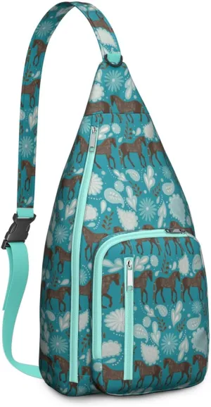 Horse Flower Leaves Crossbody Bag Daypack for Women Men Lightweight Waterproof Sling Bag Backpack Hiking Cycling