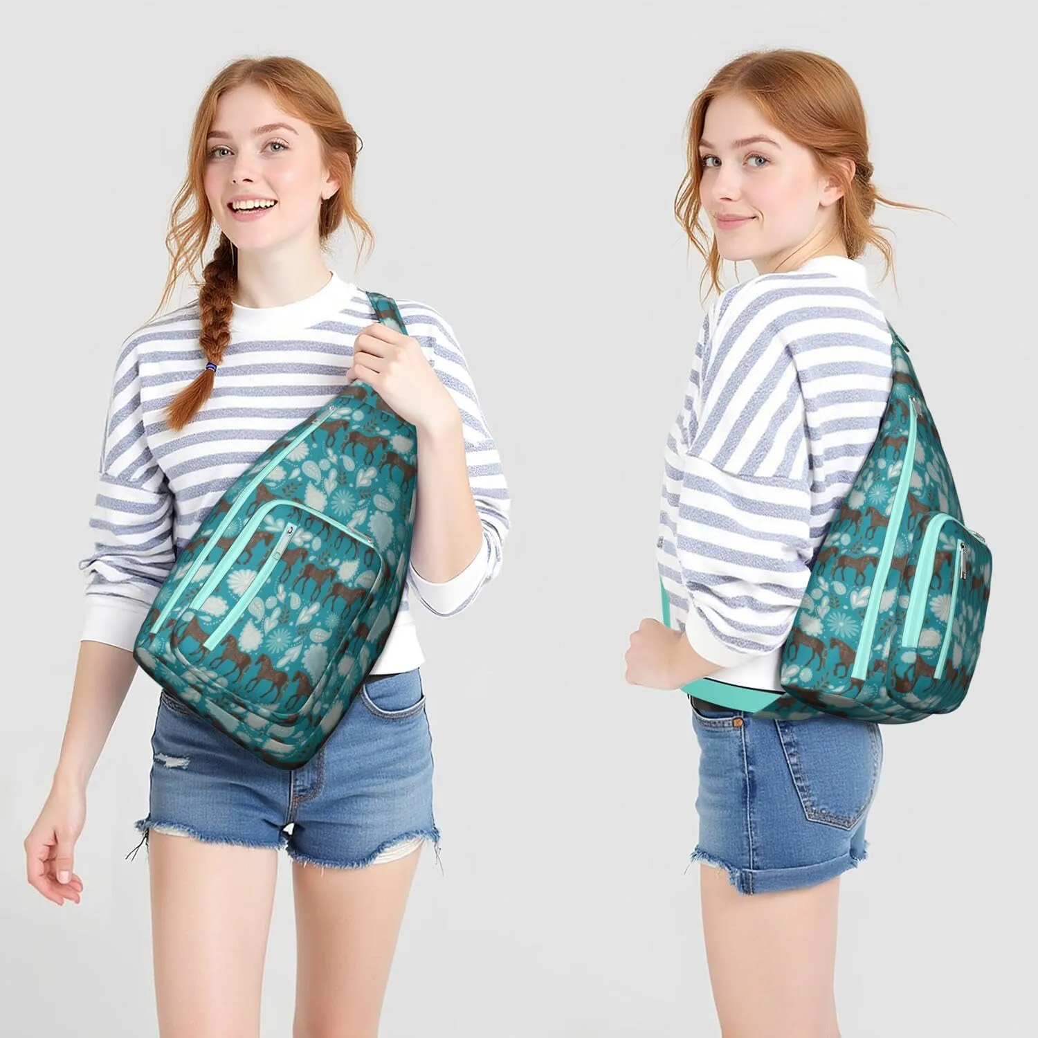 Horse Flower Leaves Crossbody Bag Daypack for Women Men Lightweight Waterproof Sling Bag Backpack Hiking Cycling