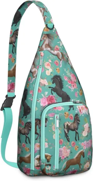 Horse rural flower Crossbody Bag Daypack for Women Men Lightweight Waterproof Sling Bag Backpack Hiking Cycling