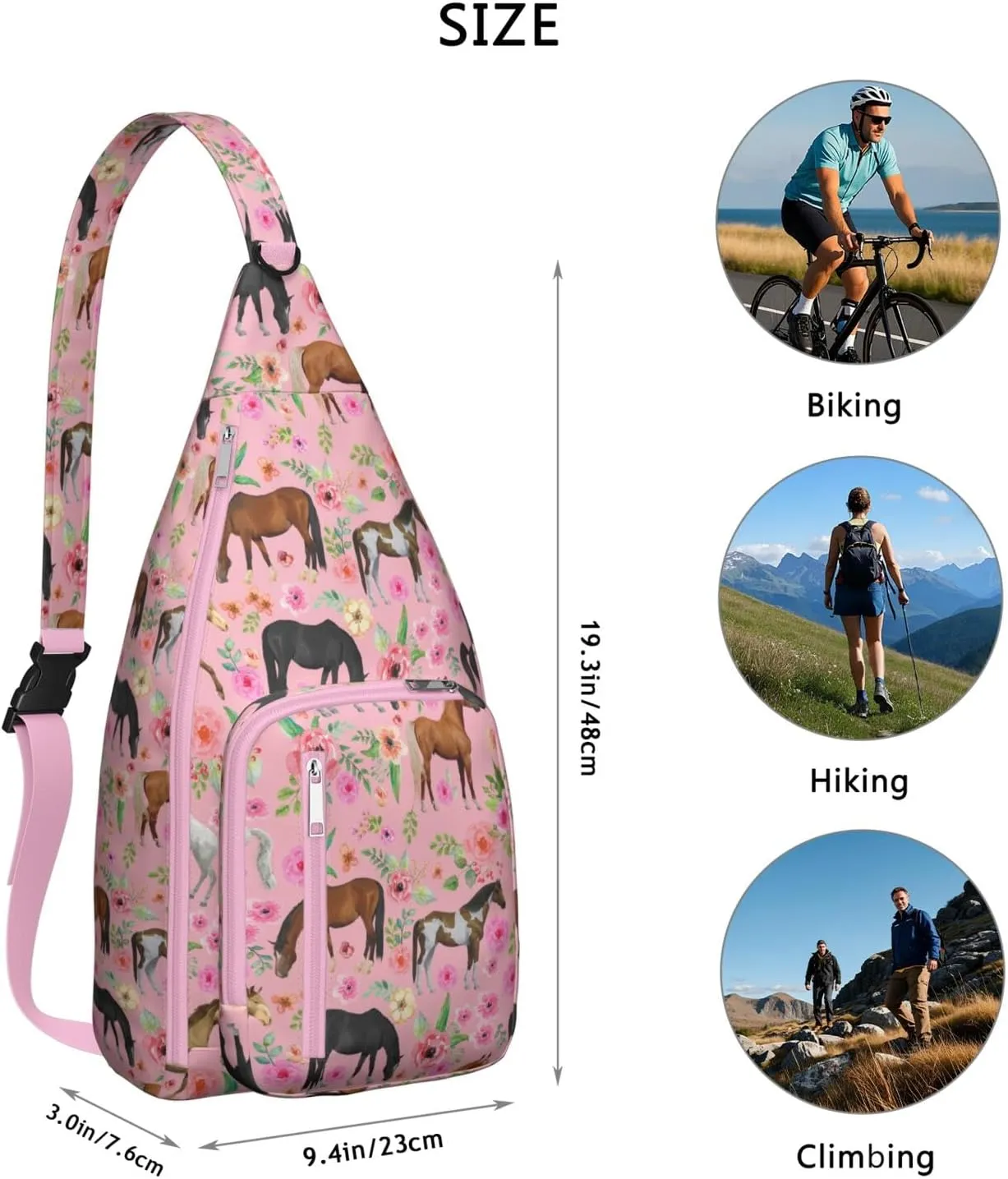 Horse rural flower Crossbody Bag Daypack for Women Men Lightweight Waterproof Sling Bag Backpack Hiking Cycling