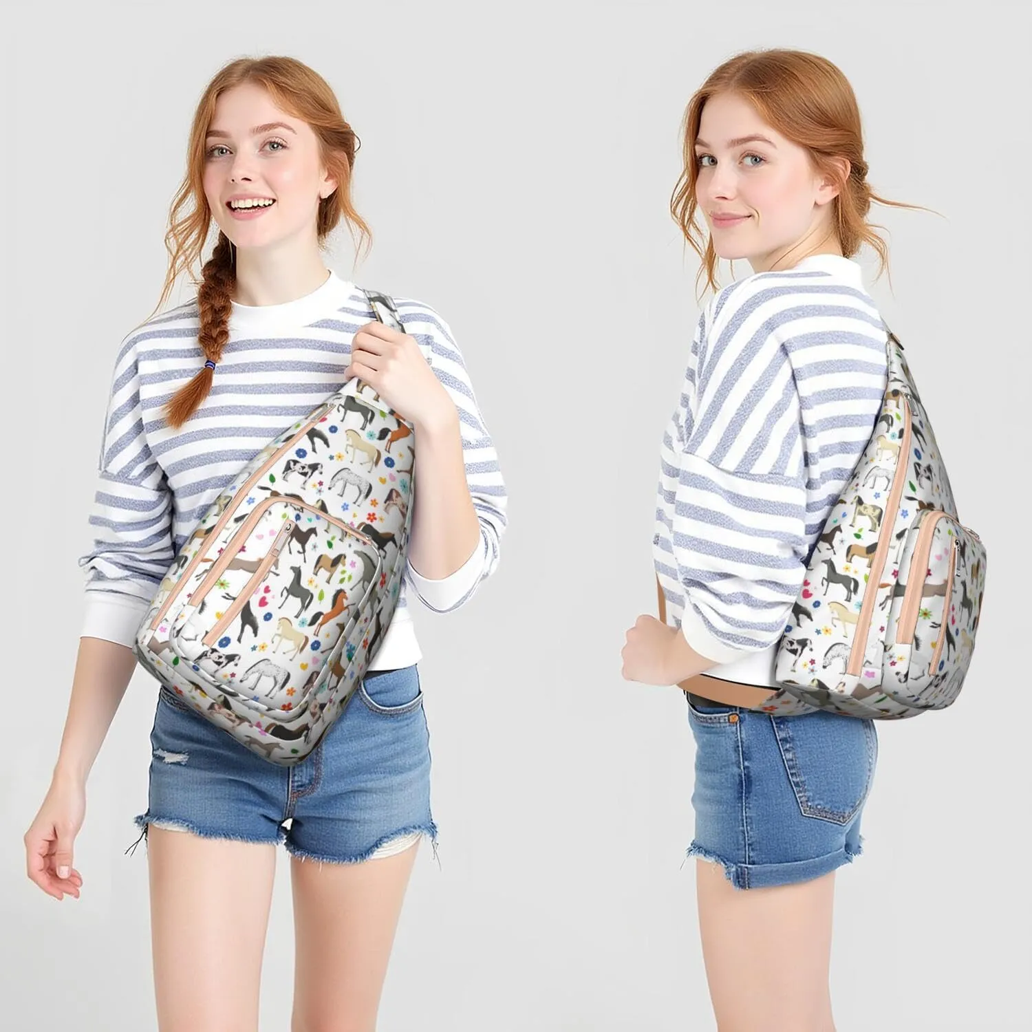 Horse rural flower Crossbody Bag Daypack for Women Men Lightweight Waterproof Sling Bag Backpack Hiking Cycling