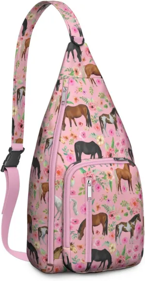 Horse rural flower Crossbody Bag Daypack for Women Men Lightweight Waterproof Sling Bag Backpack Hiking Cycling