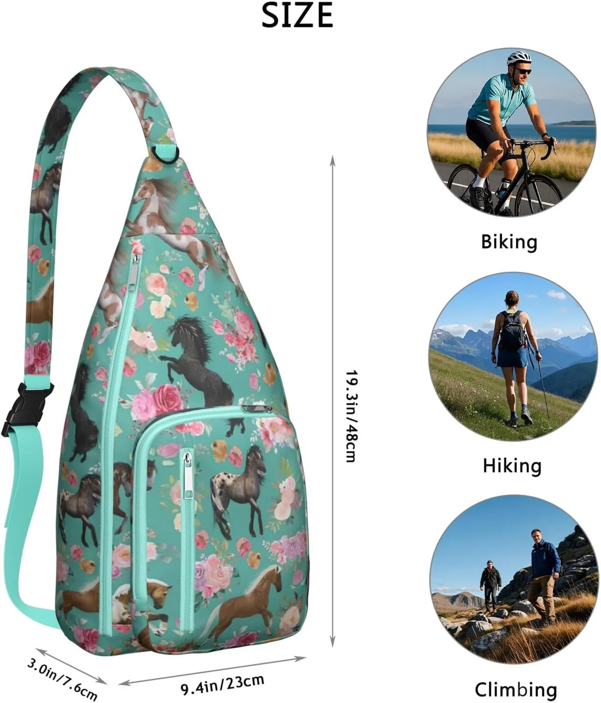 Horse rural flower Crossbody Bag Daypack for Women Men Lightweight Waterproof Sling Bag Backpack Hiking Cycling