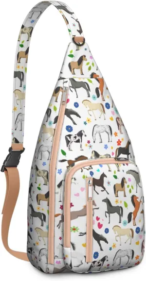 Horse rural flower Crossbody Bag Daypack for Women Men Lightweight Waterproof Sling Bag Backpack Hiking Cycling