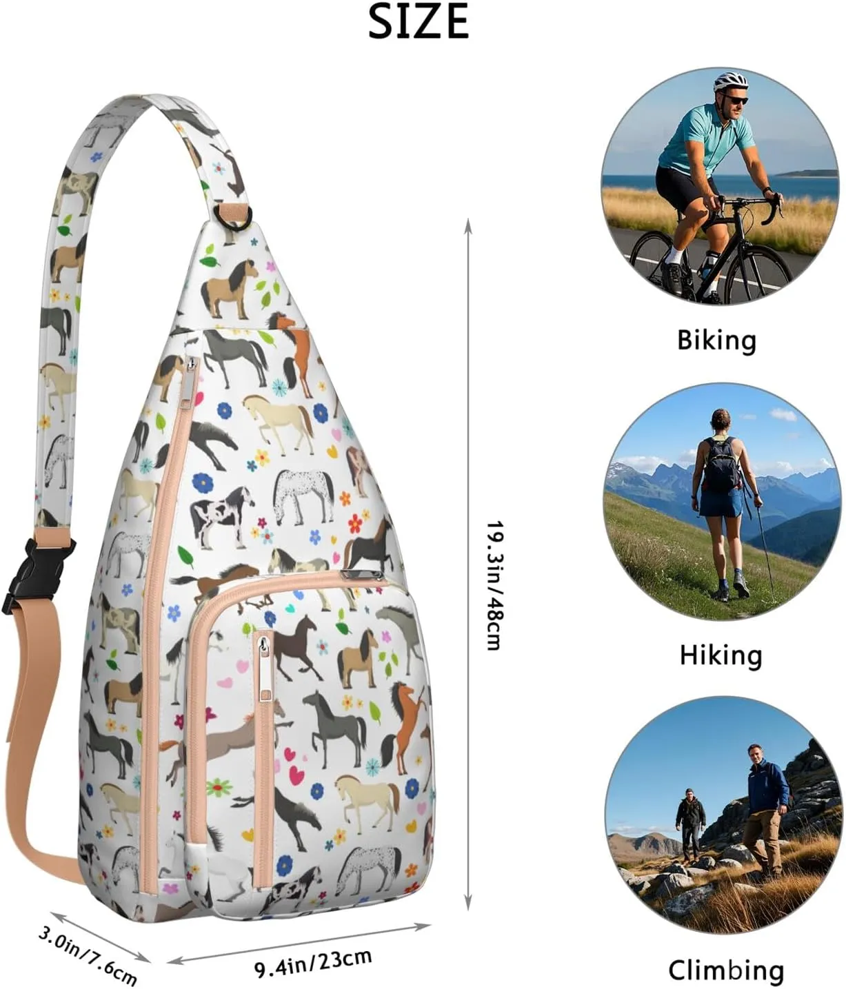Horse rural flower Crossbody Bag Daypack for Women Men Lightweight Waterproof Sling Bag Backpack Hiking Cycling