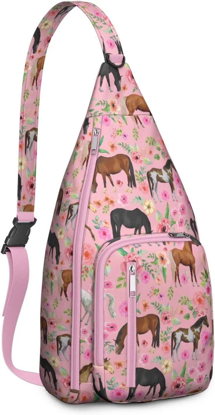Horse rural flower Crossbody Bag Daypack for Women Men Lightweight Waterproof Sling Bag Backpack Hiking Cycling