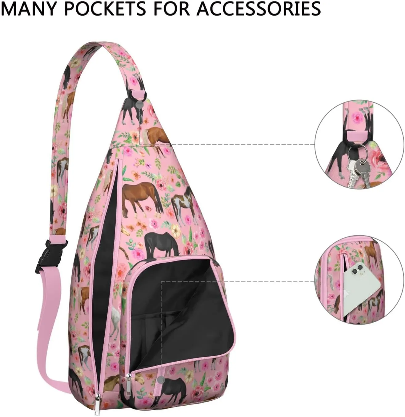 Horse rural flower Crossbody Bag Daypack for Women Men Lightweight Waterproof Sling Bag Backpack Hiking Cycling