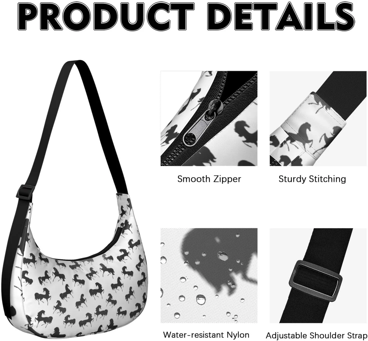 Horse Sling Crossbody Bag for Women Crescent Bag with Adjustable Strap Waterproof Nylon Pony Floral Shoulder Bag for Daily