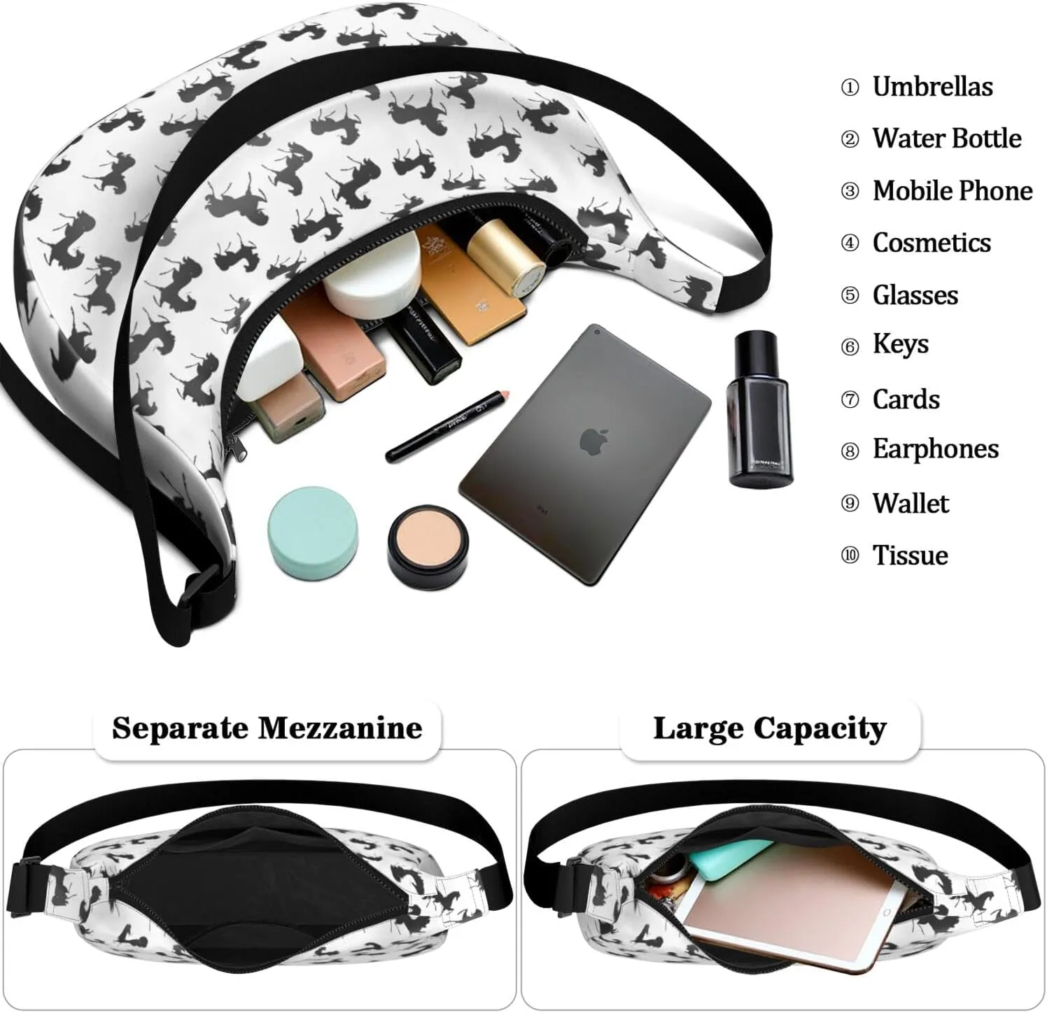 Horse Sling Crossbody Bag for Women Crescent Bag with Adjustable Strap Waterproof Nylon Pony Floral Shoulder Bag for Daily