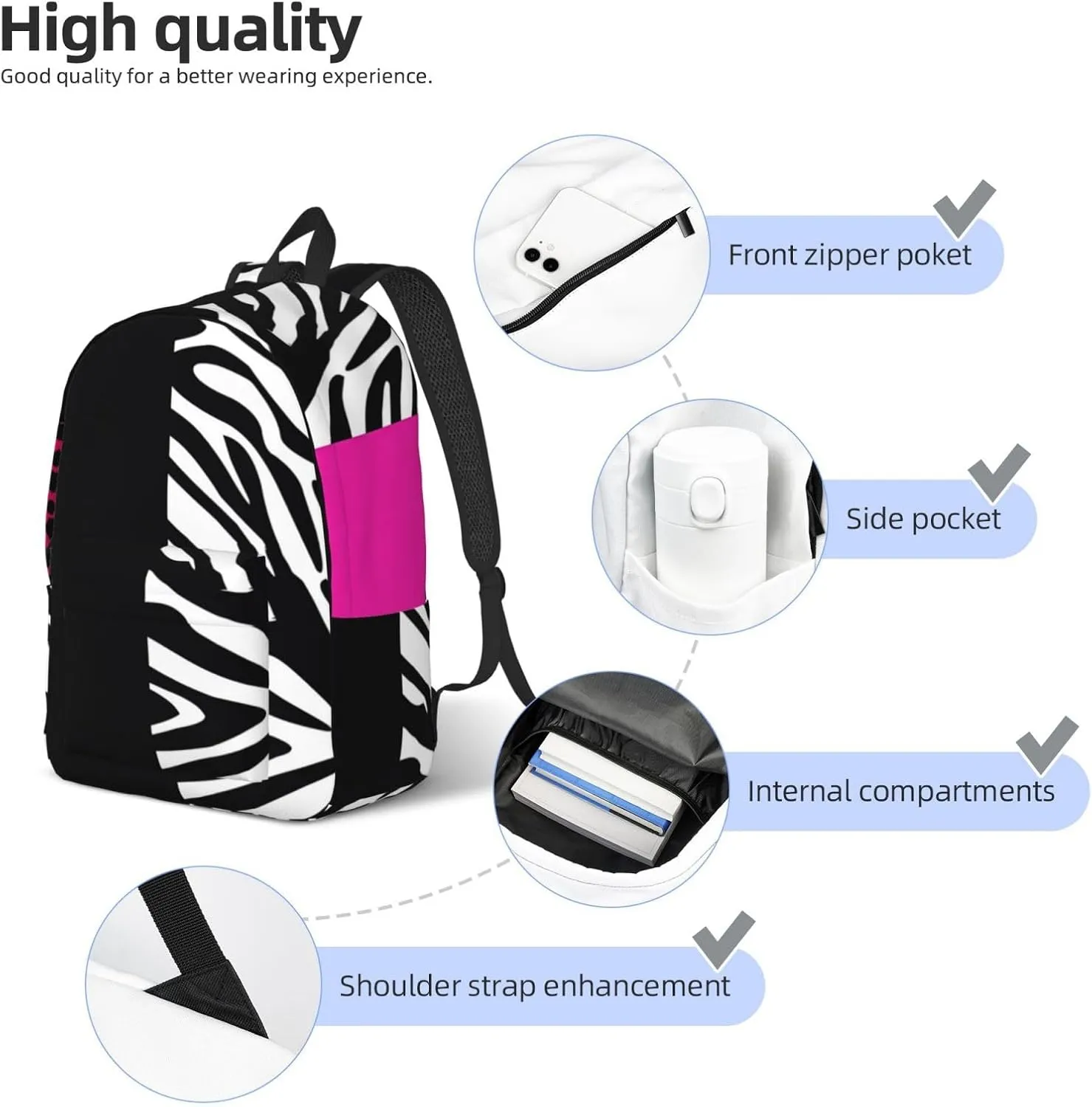 Hot Pinks Zebra and Leopard Animal Stripes Canvas Backpacks Laptop Backpack Multipurpose Double Shoulder Bag for Men Women Gifts Small