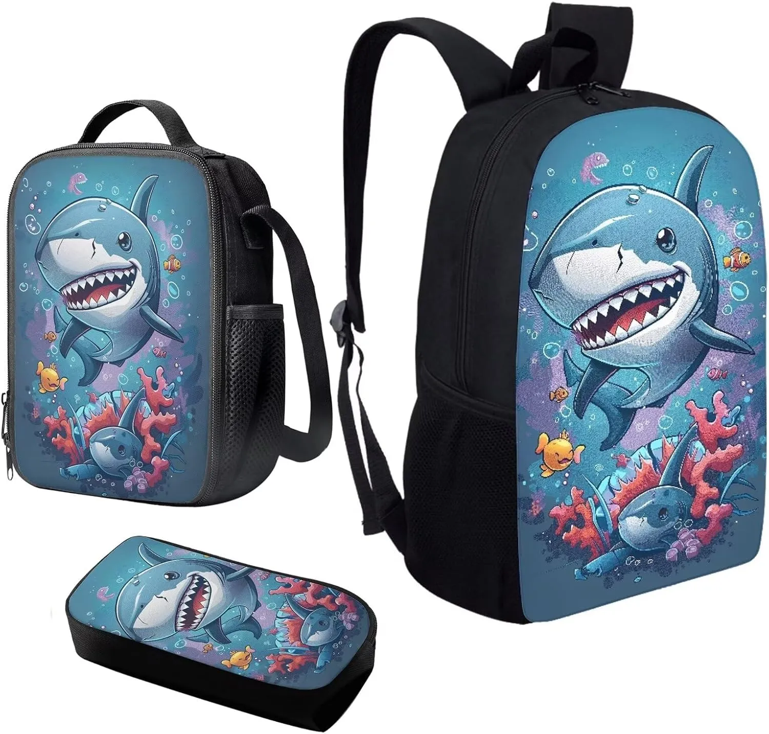 Howilath Cartoon Shark Pattern Canvas School Backpack for Kids, 17 Inch Sea Animal Backpack Set for Teen Boys School Bookbag 3 Pcs Lunch Bag Pencil Case
