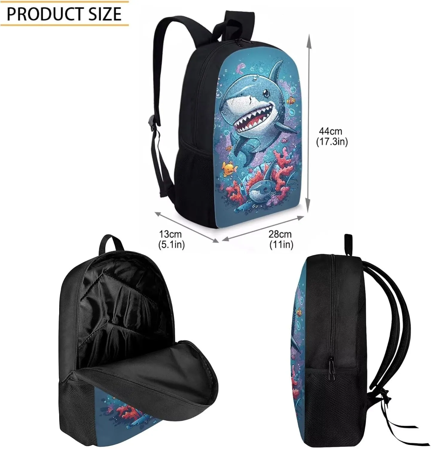 Howilath Cartoon Shark Pattern Canvas School Backpack for Kids, 17 Inch Sea Animal Backpack Set for Teen Boys School Bookbag 3 Pcs Lunch Bag Pencil Case