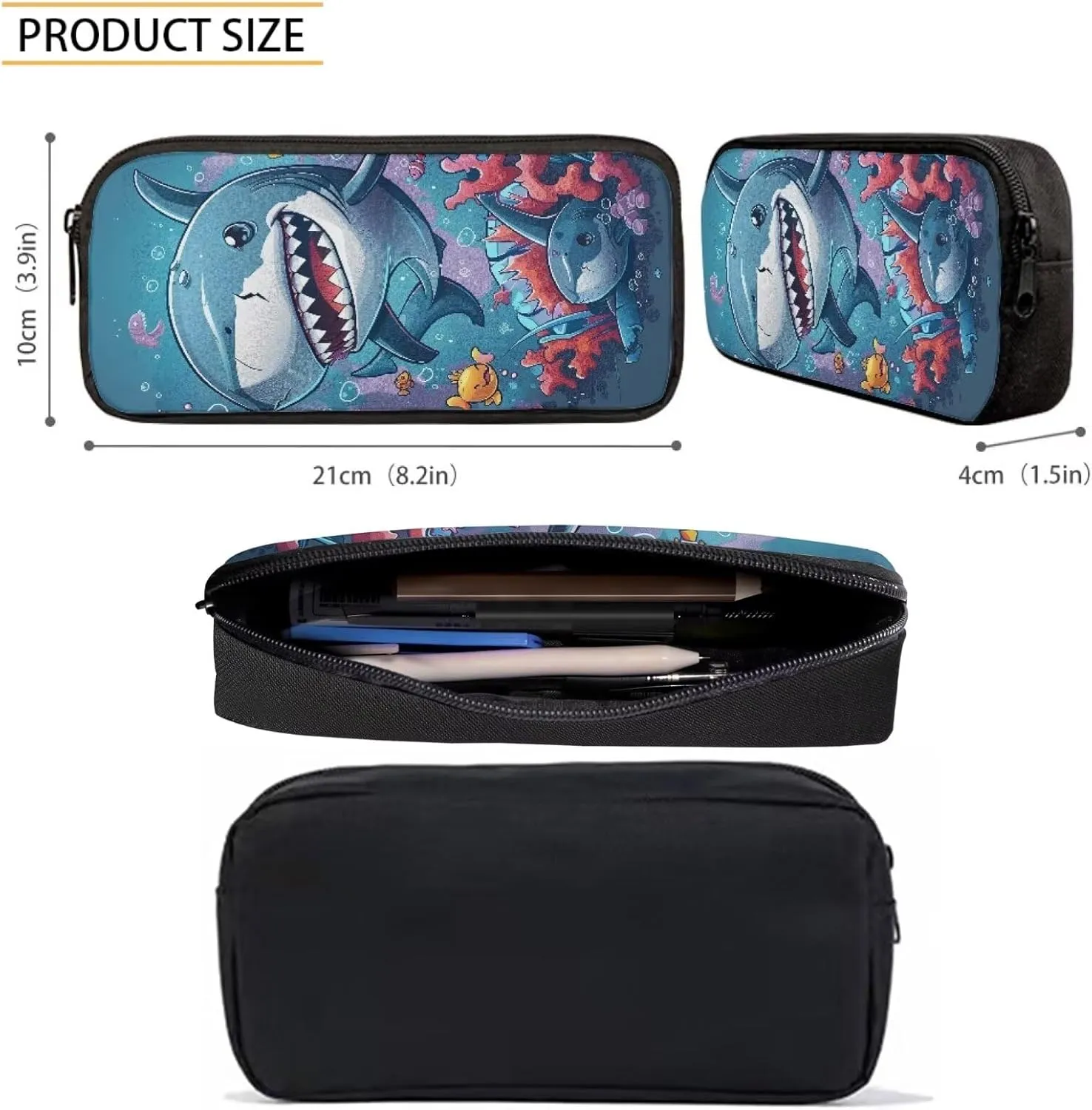 Howilath Cartoon Shark Pattern Canvas School Backpack for Kids, 17 Inch Sea Animal Backpack Set for Teen Boys School Bookbag 3 Pcs Lunch Bag Pencil Case