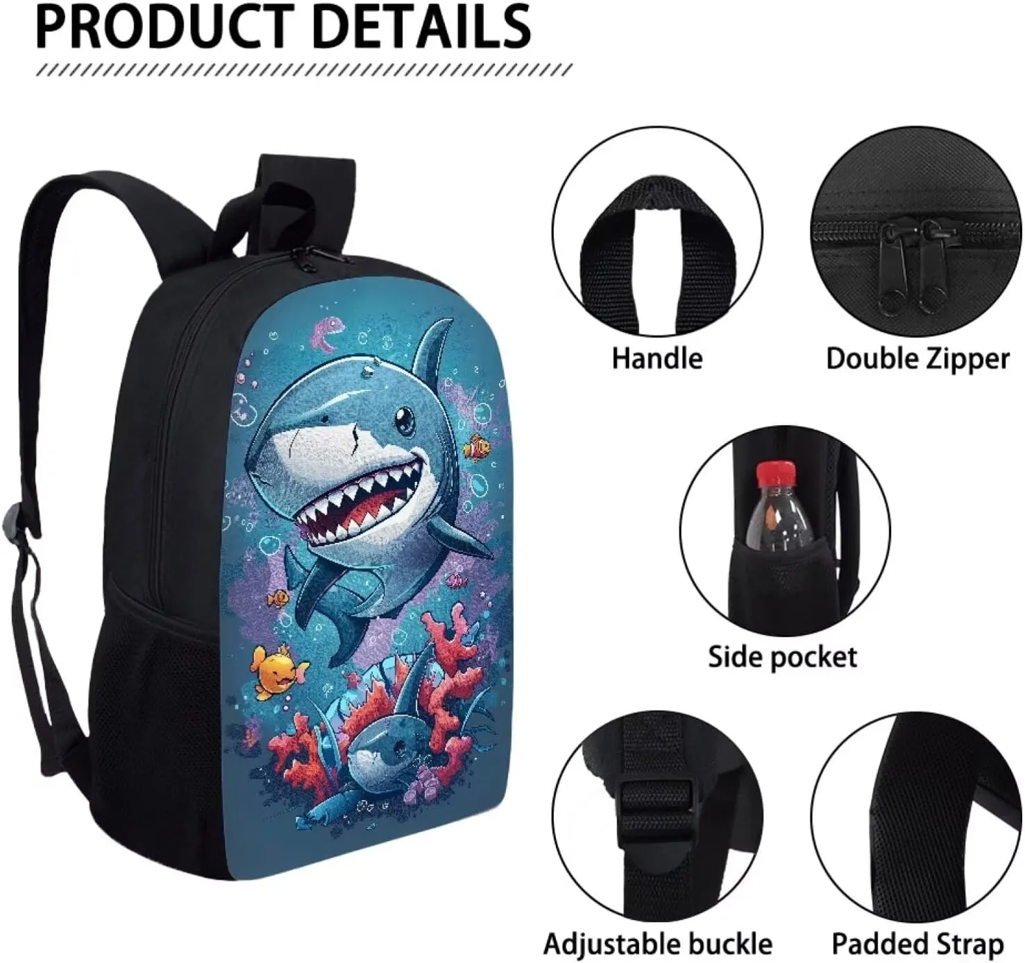 Howilath Cartoon Shark Pattern Canvas School Backpack for Kids, 17 Inch Sea Animal Backpack Set for Teen Boys School Bookbag 3 Pcs Lunch Bag Pencil Case