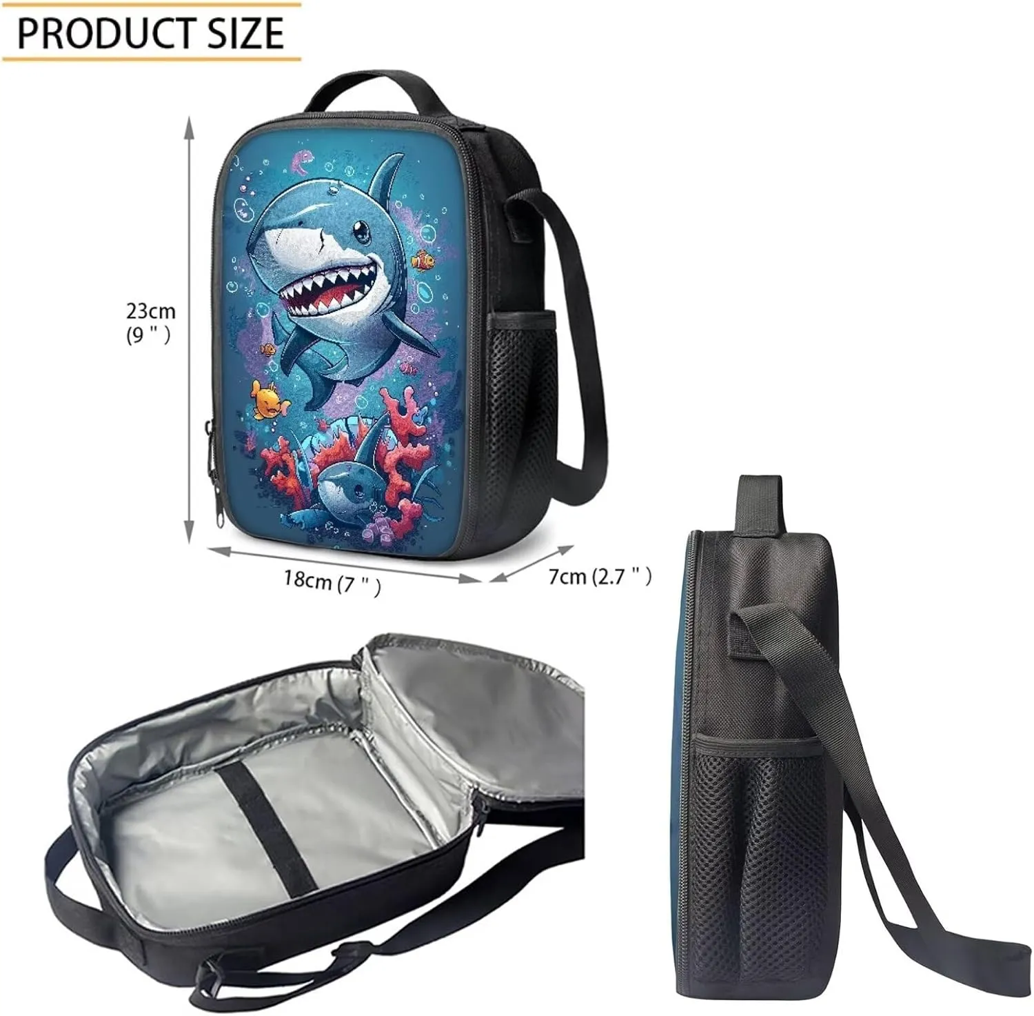 Howilath Cartoon Shark Pattern Canvas School Backpack for Kids, 17 Inch Sea Animal Backpack Set for Teen Boys School Bookbag 3 Pcs Lunch Bag Pencil Case