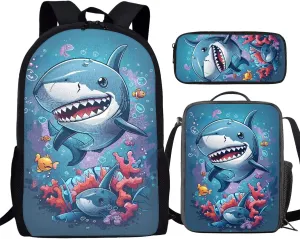 Howilath Cartoon Shark Pattern Canvas School Backpack for Kids, 17 Inch Sea Animal Backpack Set for Teen Boys School Bookbag 3 Pcs Lunch Bag Pencil Case