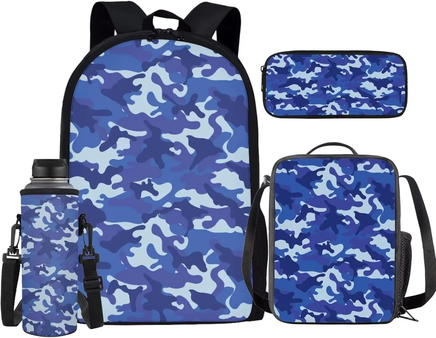 HUGS IDEA Blue Camouflage Backpack for Boys 10-12 Camo School Bag for Kids 4-in-1 Bookbag Set with Lunch Box Pencil Case Water Bottle Sleeve Lightweight Elementary Schoolbag Daypack