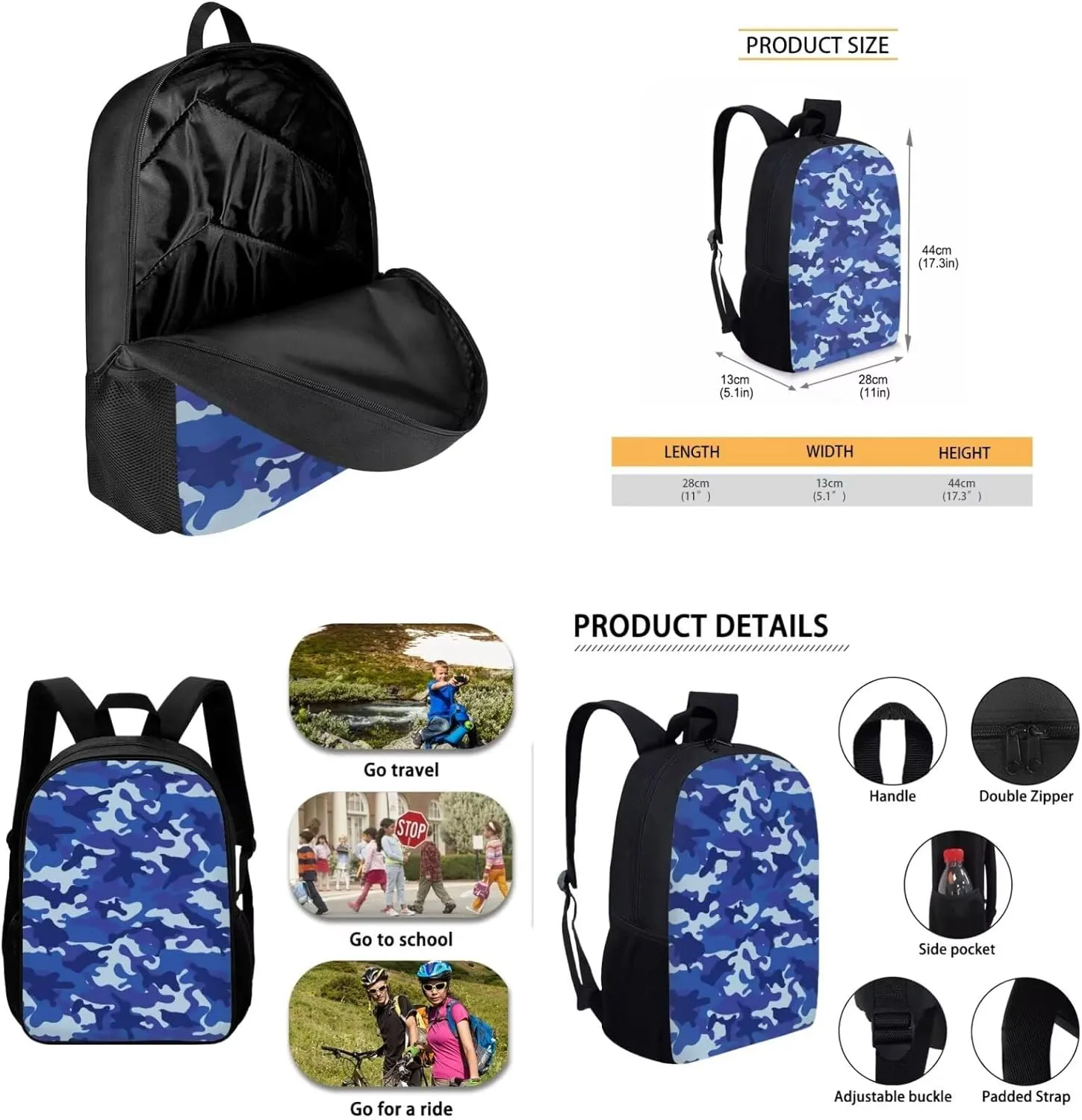 HUGS IDEA Blue Camouflage Backpack for Boys 10-12 Camo School Bag for Kids 4-in-1 Bookbag Set with Lunch Box Pencil Case Water Bottle Sleeve Lightweight Elementary Schoolbag Daypack