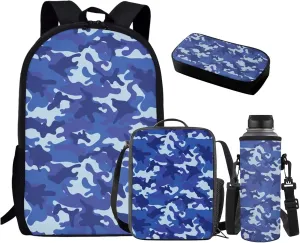 HUGS IDEA Blue Camouflage Backpack for Boys 10-12 Camo School Bag for Kids 4-in-1 Bookbag Set with Lunch Box Pencil Case Water Bottle Sleeve Lightweight Elementary Schoolbag Daypack