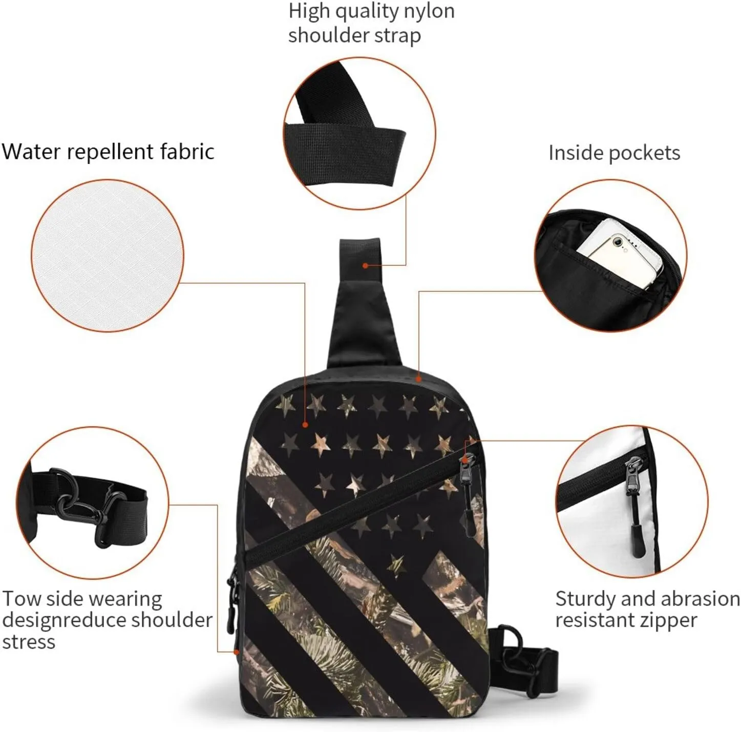 Hunting Camouflage American Flag Portable Sling Bags Packable Crossbody Bag Foldable Sport Daypack Reusable Shoulder Backpack Diagonally Chest Bag for Workout Travel