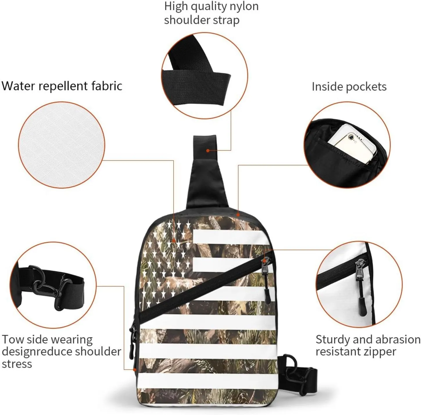 Hunting Camouflage American Flag Portable Sling Bags Packable Crossbody Bag Foldable Sport Daypack Reusable Shoulder Backpack Diagonally Chest Bag for Workout Travel