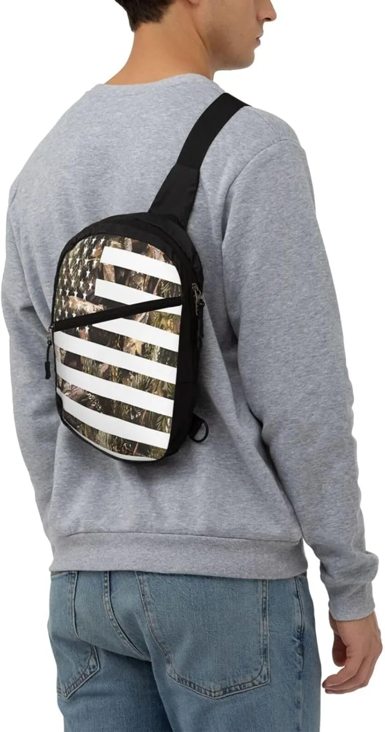 Hunting Camouflage American Flag Portable Sling Bags Packable Crossbody Bag Foldable Sport Daypack Reusable Shoulder Backpack Diagonally Chest Bag for Workout Travel