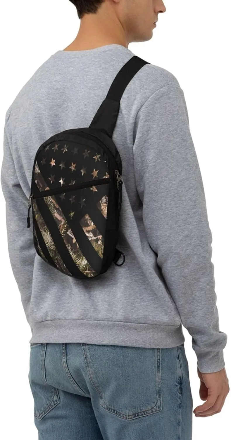 Hunting Camouflage American Flag Portable Sling Bags Packable Crossbody Bag Foldable Sport Daypack Reusable Shoulder Backpack Diagonally Chest Bag for Workout Travel