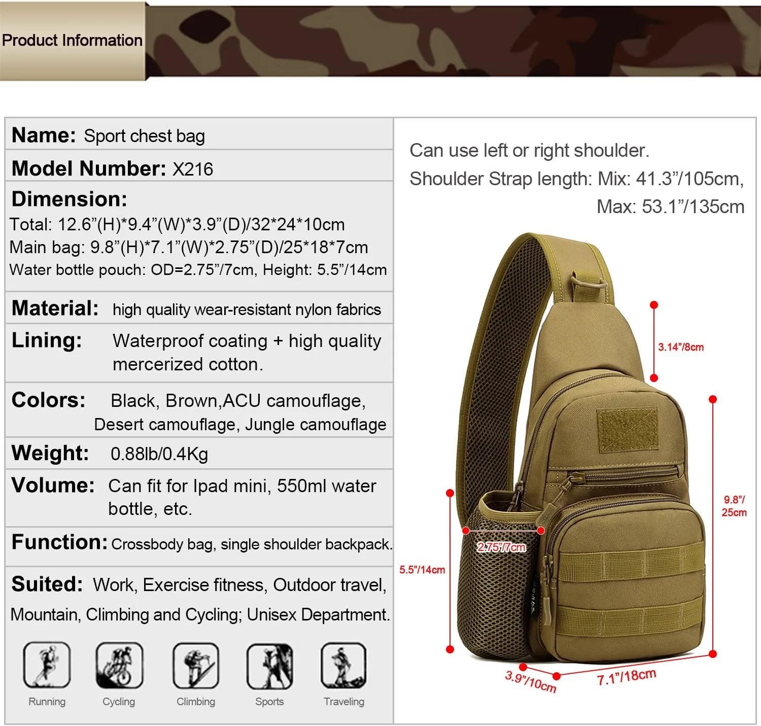 HUNTVP Small Tactical Sling Chest Pack Bag Molle Daypack Backpack Military Crossbody，Type1- ACU Camouflage